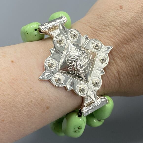 Western Green Stone Stretch Bracelet Trigg Leather Silver Hardware Southwest‎ - Picture 5 of 7